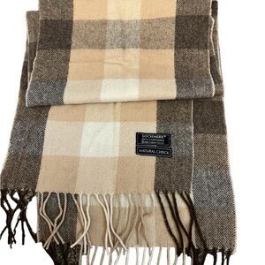 LOCHMERE 100% cashmere cream brown & tan checked Scottish plaid winter scarf